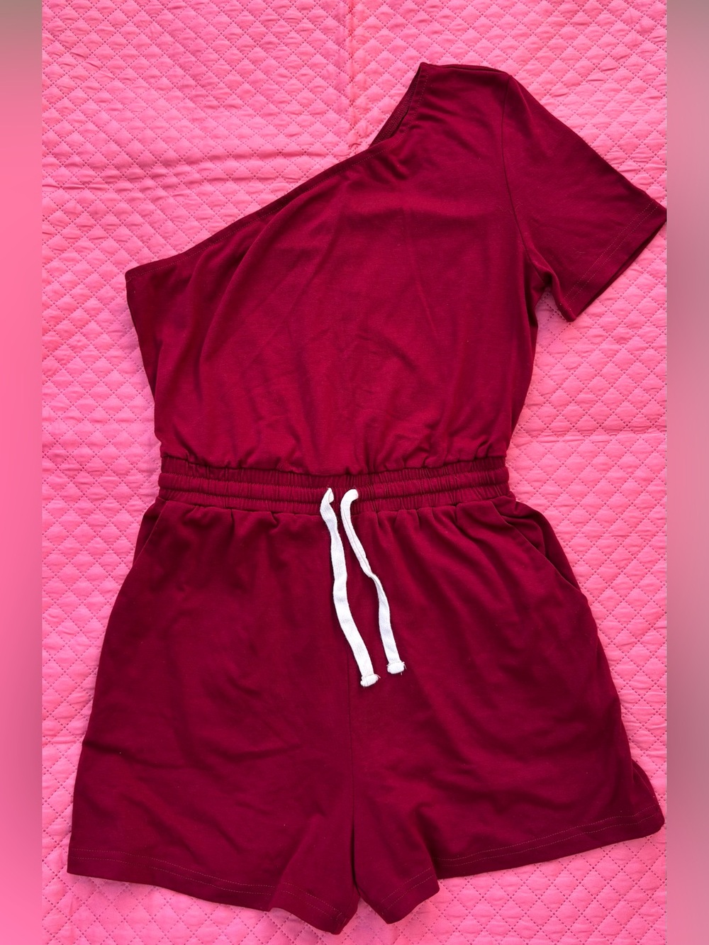One-Shoulder Burgundy Women’s Shorts Bodysuit